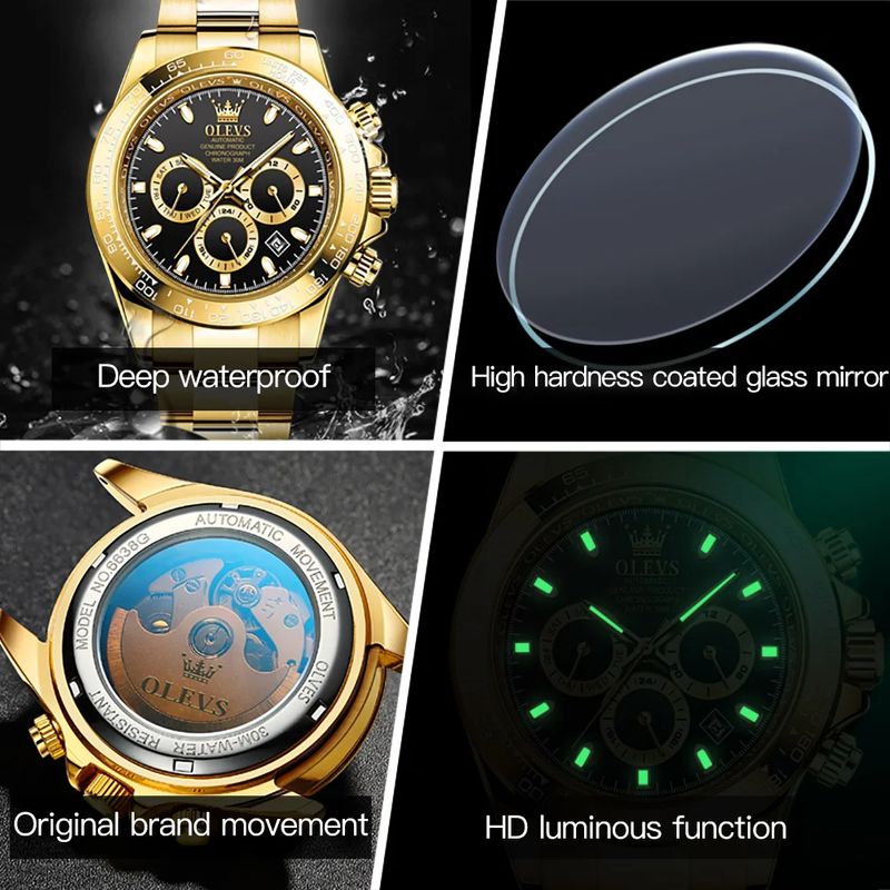 Fashion, accesorii si bijuterii - Barbati - Bijuterii barbati - Ceasuri barbati - Ceas barbatesc de mana Olevs Mecanic Automatic Luxury Elegant Cronograf Data Analog Auriu/Albastru - Infinity.ro