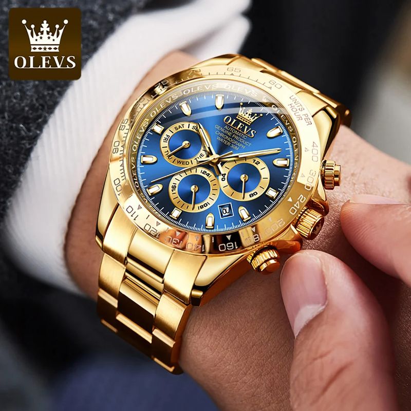 Fashion, accesorii si bijuterii - Barbati - Bijuterii barbati - Ceasuri barbati - Ceas barbatesc de mana Olevs Mecanic Automatic Luxury Elegant Cronograf Data Analog Auriu/Albastru - Infinity.ro