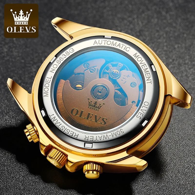 Fashion, accesorii si bijuterii - Barbati - Bijuterii barbati - Ceasuri barbati - Ceas barbatesc de mana Olevs Mecanic Automatic Luxury Elegant Cronograf Data Analog Auriu/Albastru - Infinity.ro