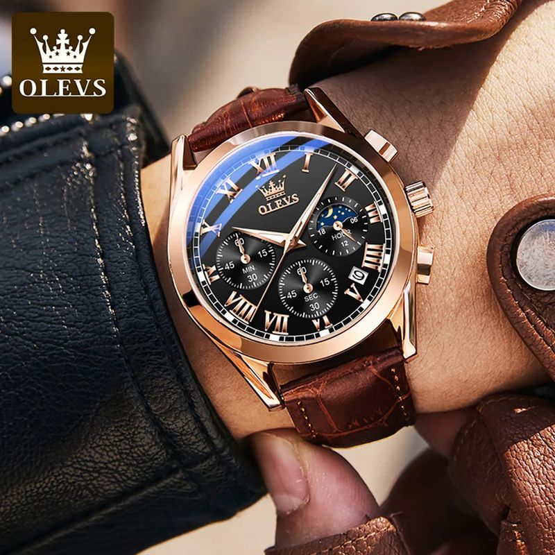 Fashion, accesorii si bijuterii - Barbati - Bijuterii barbati - Ceasuri barbati - Ceas barbatesc Olevs Piele Quartz Analog Clasic Business Maro - Infinity.ro