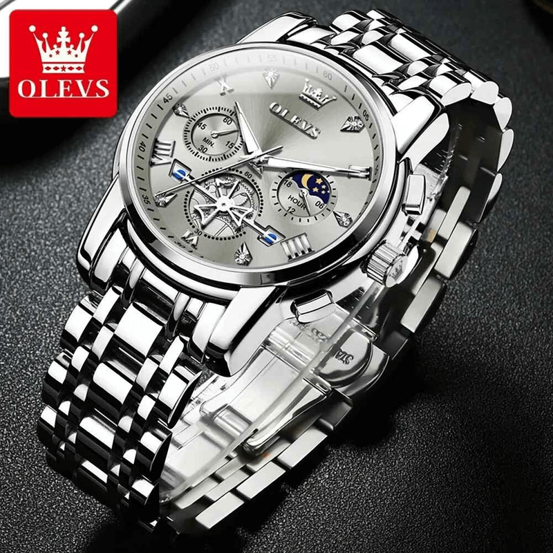 Fashion, accesorii si bijuterii - Barbati - Bijuterii barbati - Ceasuri barbati - Ceas Barbati OLEVS Quartz Original, Chronograph Multifunctional, Faza Lunii, Waterproof 30m, Otel Inoxidabil - Infinity.ro