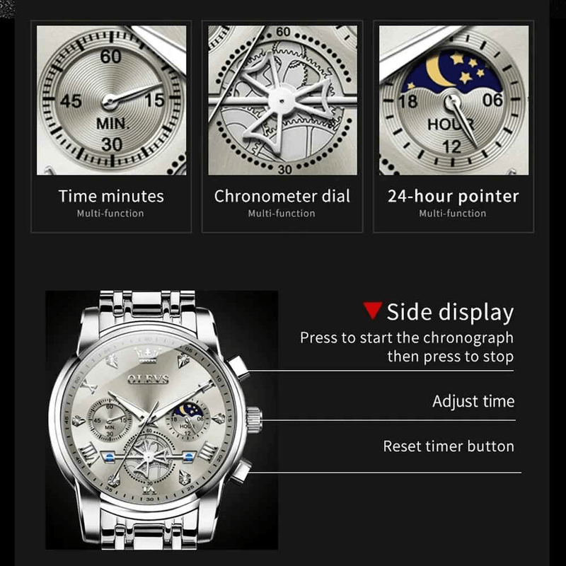 Fashion, accesorii si bijuterii - Barbati - Bijuterii barbati - Ceasuri barbati - Ceas Barbati OLEVS Quartz Original, Chronograph Multifunctional, Faza Lunii, Waterproof 30m, Otel Inoxidabil - Infinity.ro