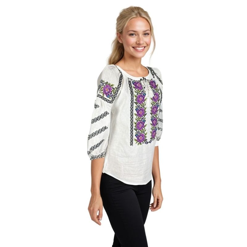Fashion, accesorii si bijuterii - Femei - Imbracaminte femei - Camasi si bluze femei - Bluza dama O25 alb/mov marimea S - Infinity.ro