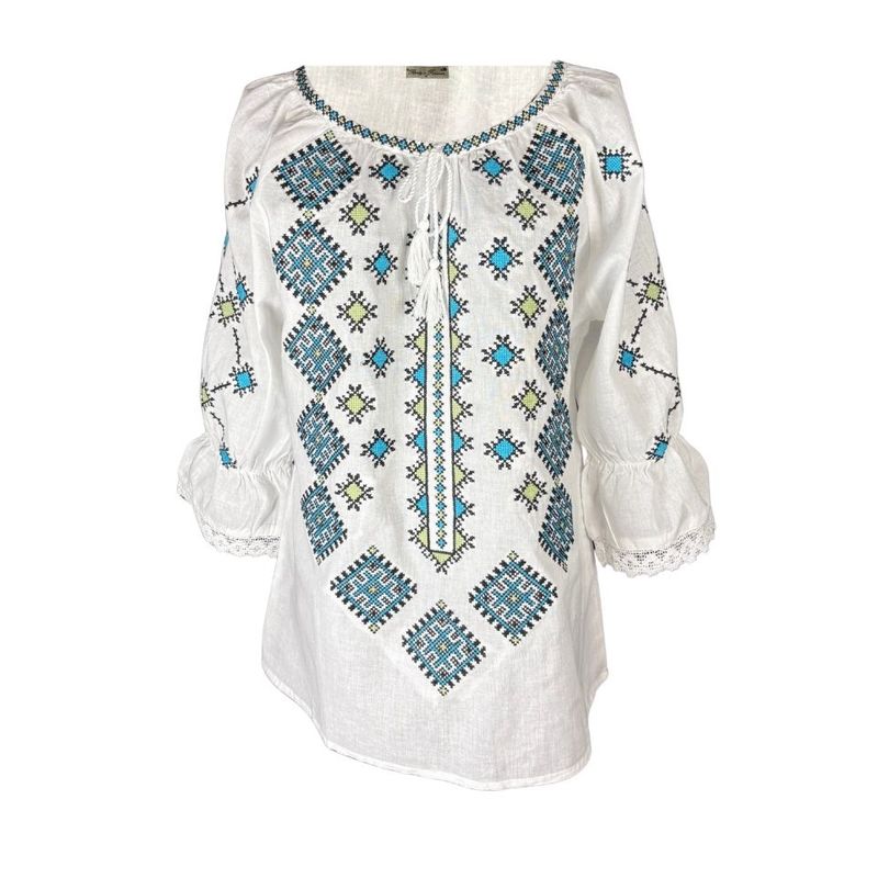 Fashion, accesorii si bijuterii - Femei - Imbracaminte femei - Camasi si bluze femei - Bluza dama O25 alb/albastru deschis , marimea 2XL - Infinity.ro