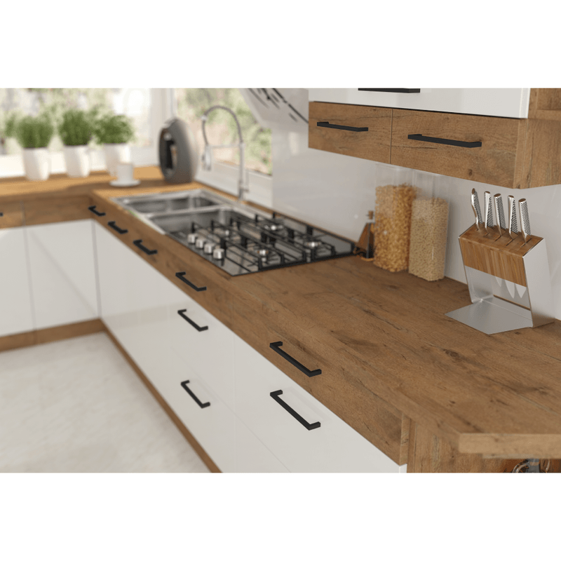 Casa si Gradina - Mobilier - Comode si corpuri - Corpuri bucatarie - Cabinet inferior, alb extra lucios HG/stejar Lancelot, VEGA 80 D 2F BB - Infinity.ro