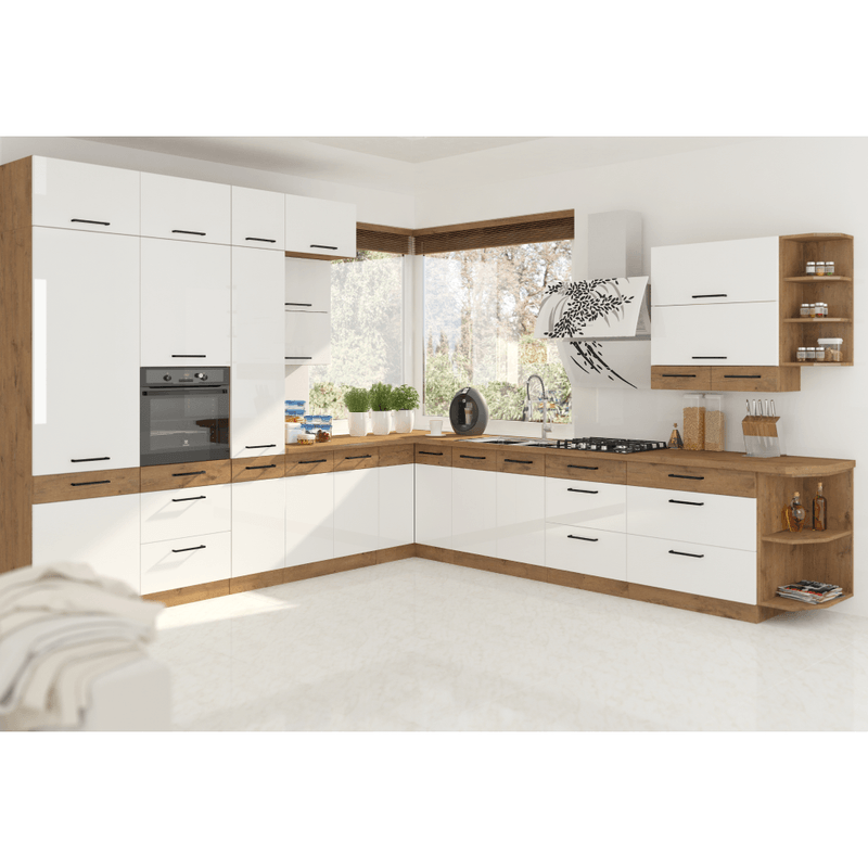 Casa si Gradina - Mobilier - Comode si corpuri - Corpuri bucatarie - Cabinet inferior, alb extra lucios HG/stejar Lancelot, VEGA D80 3S BB - Infinity.ro