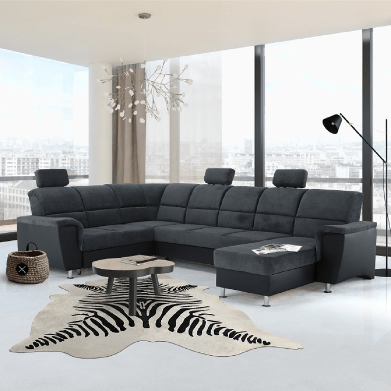 Casa si Gradina - Mobilier - Canapele si coltare - Coltare - Coltar, piele eco neagra/textil gri inchis, stanga, SANTIAGO U - Infinity.ro