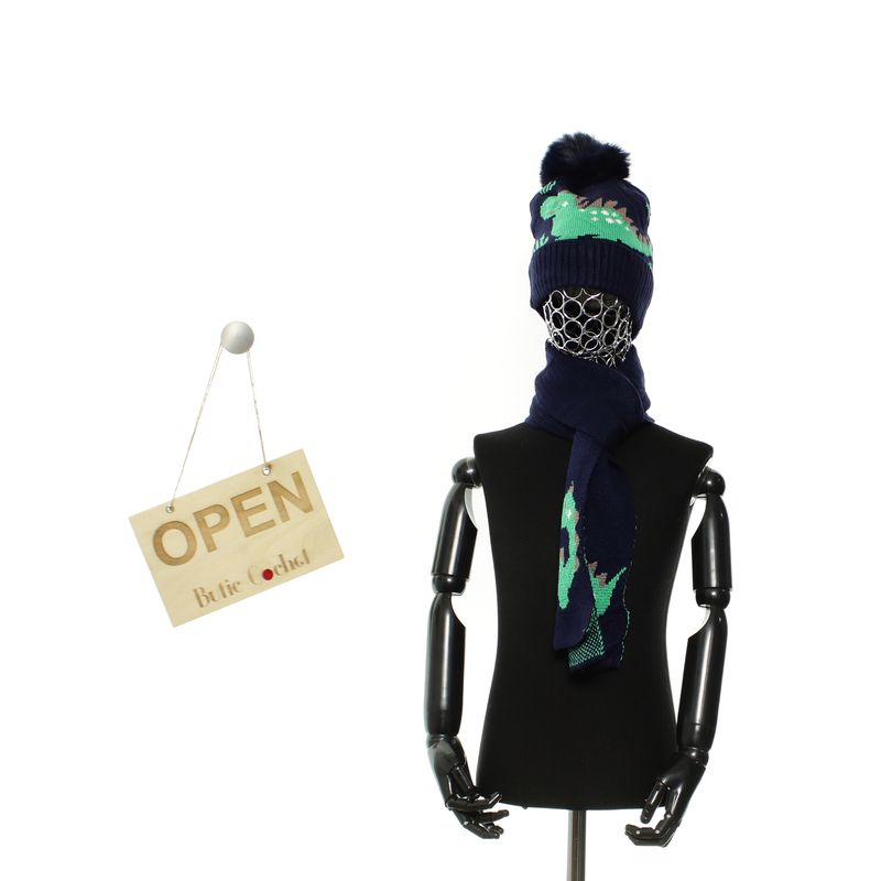 Fashion, accesorii si bijuterii - Copii - Accesorii copii - Caciuli si palarii copii - Set caciula si fular, pentru copii, Buticcochet, din viscoza si sintetic, model cu dinozauri, Bleumarin - SETF308 - Infinity.ro