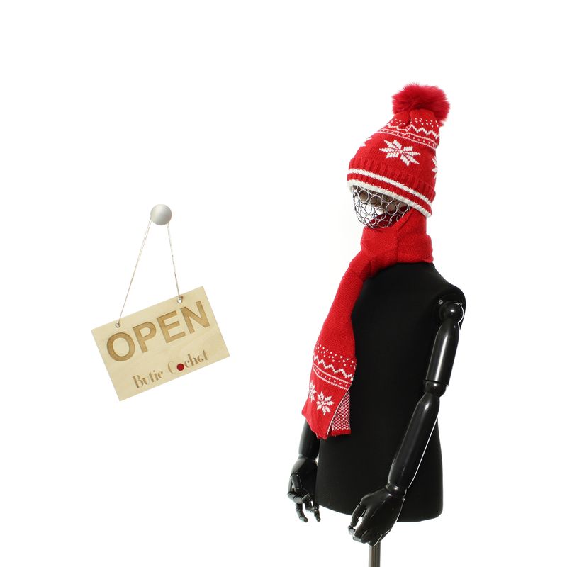 Fashion, accesorii si bijuterii - Copii - Accesorii copii - Caciuli si palarii copii - Set caciula si fular, pentru copii, Buticcochet, din viscoza si sintetic, model cu fulgi de nea, Rosu - SETF304 - Infinity.ro