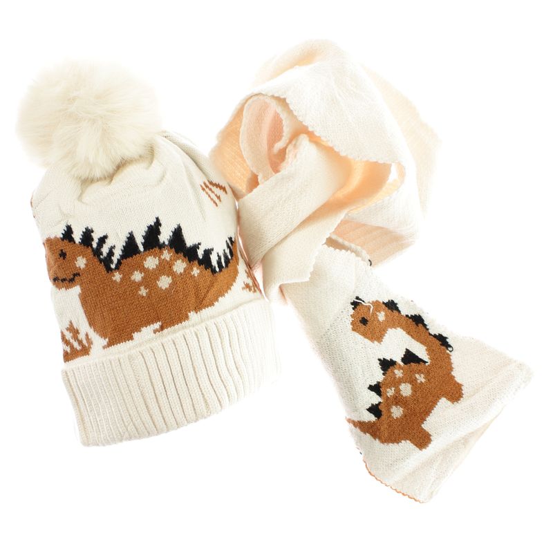Fashion, accesorii si bijuterii - Copii - Accesorii copii - Caciuli si palarii copii - Set caciula si fular, pentru copii, Buticcochet, din viscoza si sintetic, model cu dinozauri, Crem - SETF311 - Infinity.ro