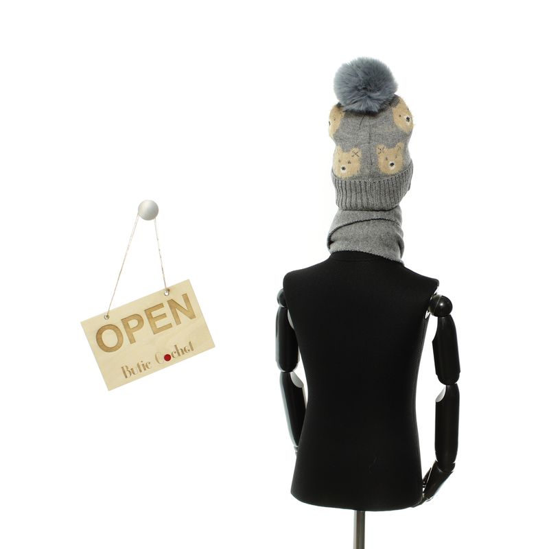 Fashion, accesorii si bijuterii - Copii - Accesorii copii - Caciuli si palarii copii - Set caciula si fular, pentru copii, Buticcochet, din viscoza si sintetic, model urs, Gri inchis - SETF290 - Infinity.ro