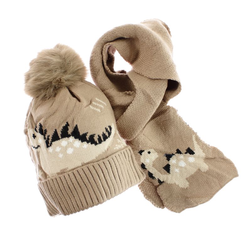 Fashion, accesorii si bijuterii - Copii - Accesorii copii - Caciuli si palarii copii - Set caciula si fular, pentru copii, Buticcochet, din viscoza si sintetic, model cu dinozauri, Maro - SETF312 - Infinity.ro