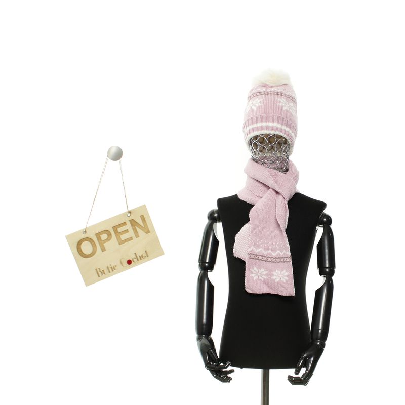 Fashion, accesorii si bijuterii - Copii - Accesorii copii - Caciuli si palarii copii - Set caciula si fular, pentru copii, Buticcochet, din viscoza si sintetic, model cu fulgi de nea, Lila - SETF303 - Infinity.ro
