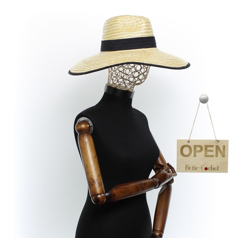 Fashion, accesorii si bijuterii - Femei - Accesorii femei - Caciuli si palarii femei - Palarie de soare, dama, din paie, ButicCochet, marime  57 reglabila, cu banda textila, Bej - PAL1593 - Infinity.ro