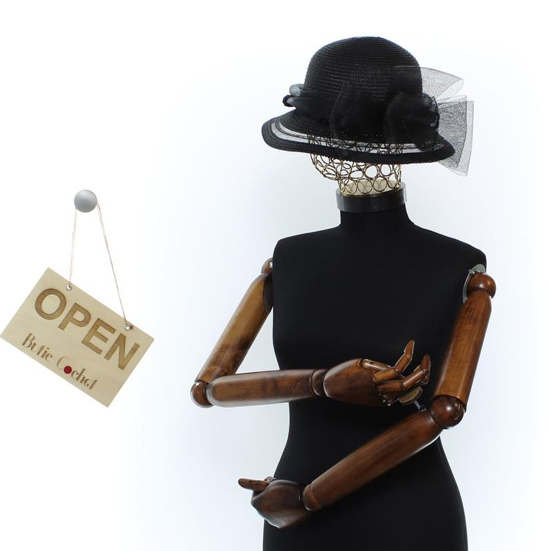 Fashion, accesorii si bijuterii - Femei - Accesorii femei - Caciuli si palarii femei - Palarie de soare, Dama, din paie de hartie, Buticcochet, cu accesoriu decorativ, One size, Negru - PAL1638 - Infinity.ro