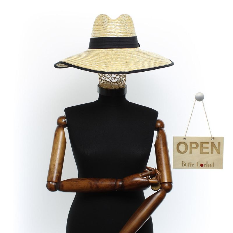 Fashion, accesorii si bijuterii - Femei - Accesorii femei - Caciuli si palarii femei - Palarie de soare, dama, din paie, ButicCochet, marime  57 reglabila, cu banda textila, Bej - PAL1593 - Infinity.ro