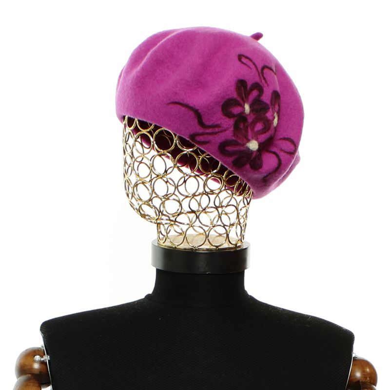 Fashion, accesorii si bijuterii - Femei - Accesorii femei - Caciuli si palarii femei - Bereta de dama, din lana, Evita, one size, model floral impaslit, Fucsia - BSC815 - Infinity.ro