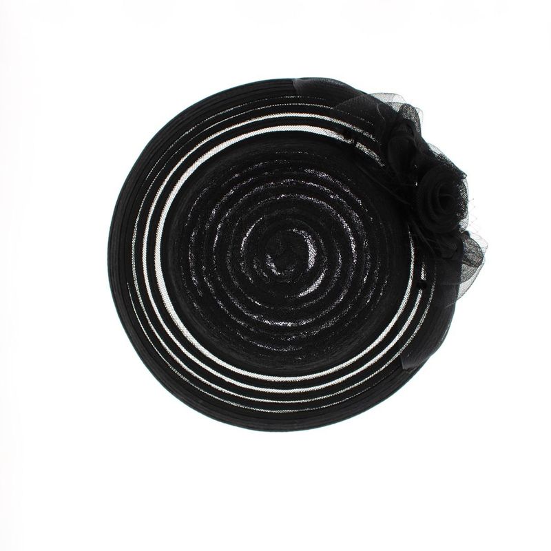 Fashion, accesorii si bijuterii - Femei - Accesorii femei - Caciuli si palarii femei - Palarie de dama, din poliester, Buticcochet, bor mic cu dungi si fundita, One size, Negru - PAL1684 - Infinity.ro
