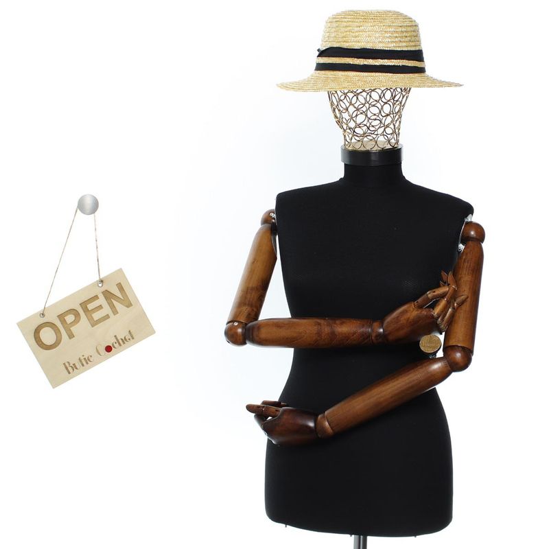 Fashion, accesorii si bijuterii - Femei - Accesorii femei - Caciuli si palarii femei - Palarie de soare, ButicCochet, dama, din paie, cu banda decorativa neagra, one size,  Bej - PAL1812 - Infinity.ro
