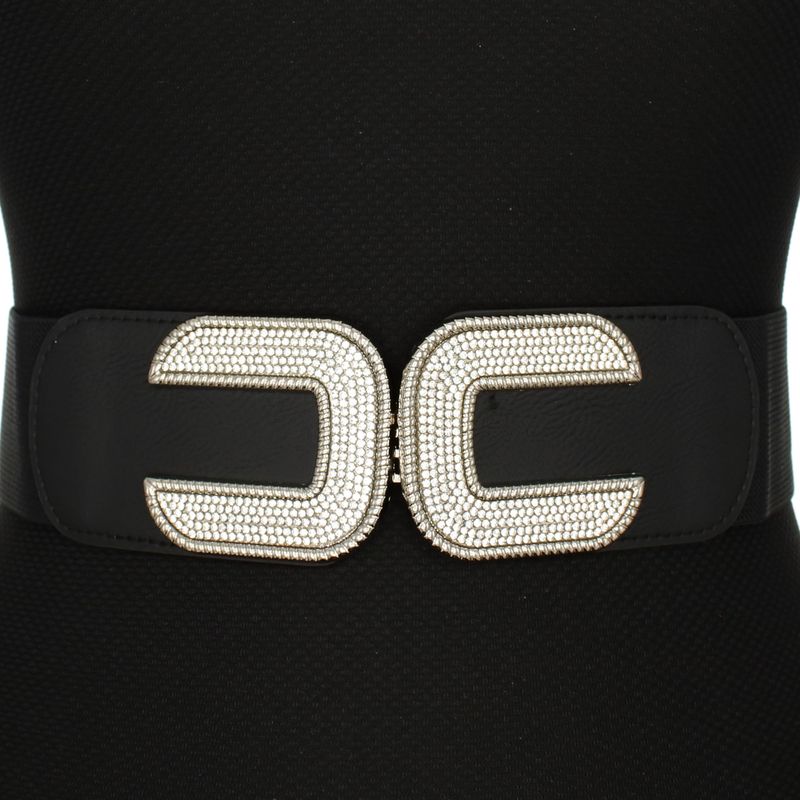 Fashion, accesorii si bijuterii - Femei - Accesorii femei - Curele femei - Curea lata tip centura, de dama, din material eleastic, one size, cu accesoriu metalic, Buticcochet, Negru cu Argintiu- CRDD276 - Infinity.ro