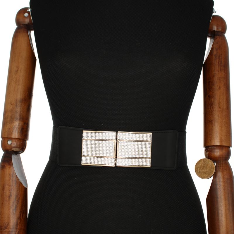 Fashion, accesorii si bijuterii - Femei - Accesorii femei - Curele femei - Curea lata tip centura, de dama, din material eleastic, one size, cu accesoriu metalic, Buticcochet, Negru cu auriu - CRDD313 - Infinity.ro