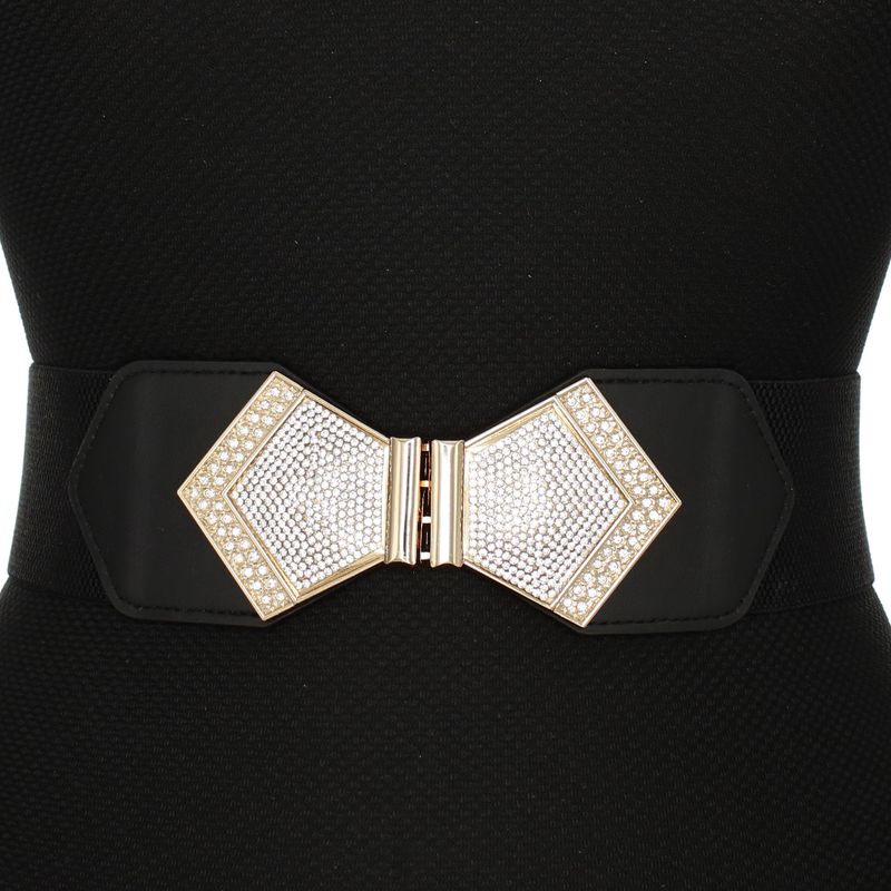 Fashion, accesorii si bijuterii - Femei - Accesorii femei - Curele femei - Curea lata tip centura, de dama, din material eleastic, one size, cu accesoriu metalic, Buticcochet, Negru cu Auriu - CRDD289 - Infinity.ro