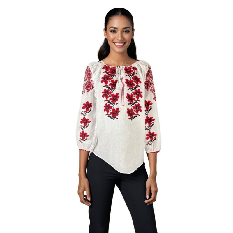 Fashion, accesorii si bijuterii - Femei - Imbracaminte femei - Camasi si bluze femei - Bluza dama tip ie I26 alb/rosu , marimea M - Infinity.ro