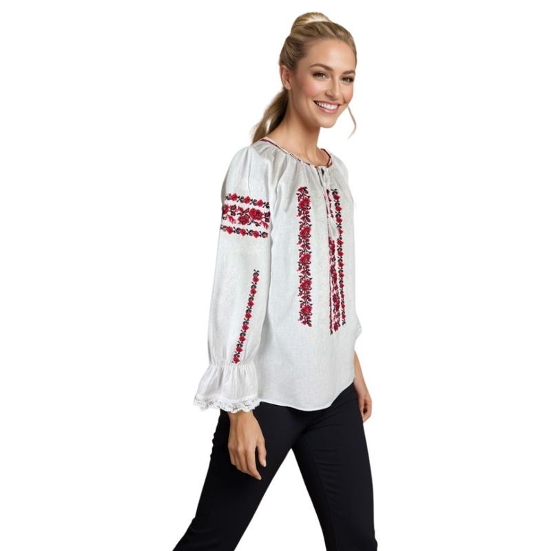 Fashion, accesorii si bijuterii - Femei - Imbracaminte femei - Camasi si bluze femei - Bluza dama tip ie I26 alb optic/rosu cireasa , marimea 2XL - Infinity.ro