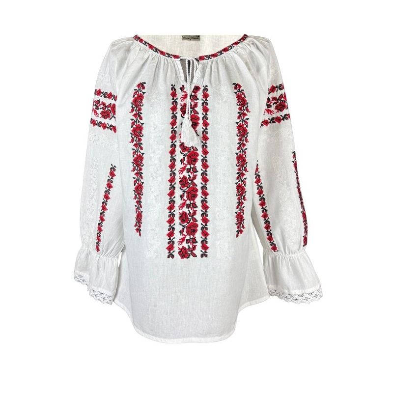 Fashion, accesorii si bijuterii - Femei - Imbracaminte femei - Camasi si bluze femei - Bluza dama tip ie I26 alb optic/rosu cireasa , marimea 2XL - Infinity.ro