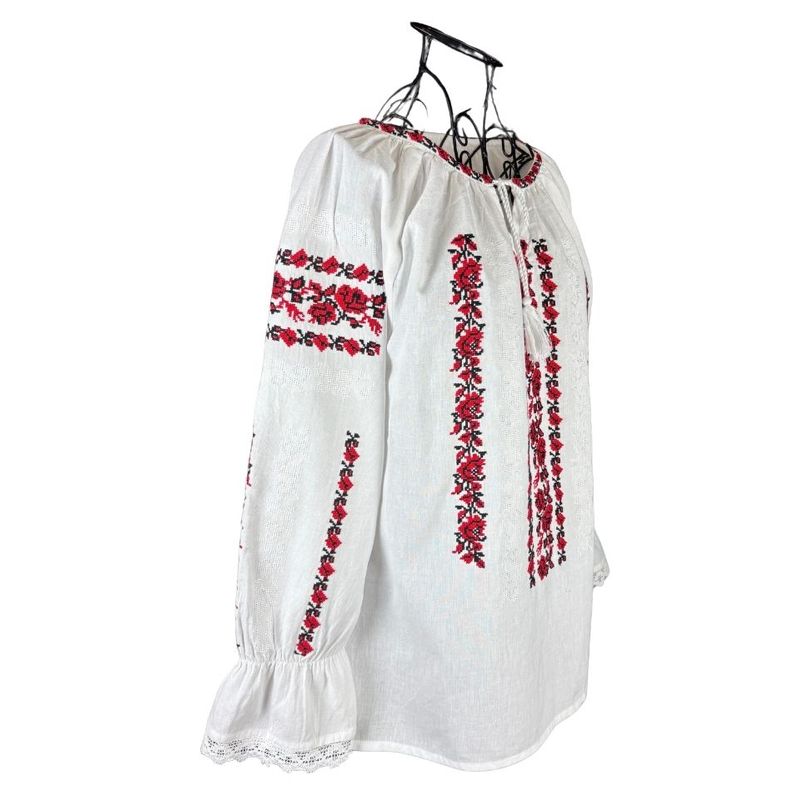 Fashion, accesorii si bijuterii - Femei - Imbracaminte femei - Camasi si bluze femei - Bluza dama tip ie I26 alb optic/rosu cireasa , marimea 2XL - Infinity.ro