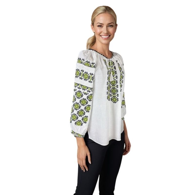 Fashion, accesorii si bijuterii - Femei - Imbracaminte femei - Camasi si bluze femei - Bluza dama tip ie I26 alb/verde marimea S - Infinity.ro