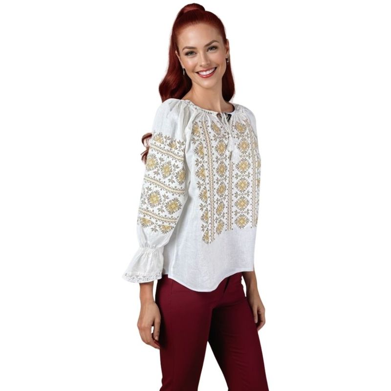 Fashion, accesorii si bijuterii - Femei - Imbracaminte femei - Camasi si bluze femei - Bluza dama tip ie I26 alb/maro marimea S - Infinity.ro