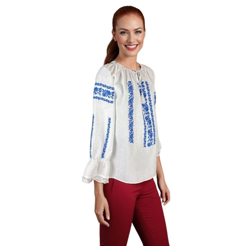 Fashion, accesorii si bijuterii - Femei - Imbracaminte femei - Camasi si bluze femei - Bluza dama tip ie I26 alb/albastru , marimea L - Infinity.ro