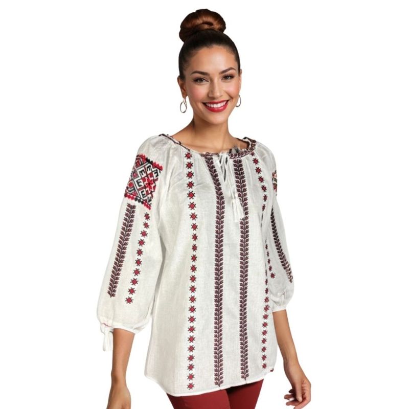 Fashion, accesorii si bijuterii - Femei - Imbracaminte femei - Camasi si bluze femei - Bluza dama DEC alb/rosu bordo , marimea L - Infinity.ro