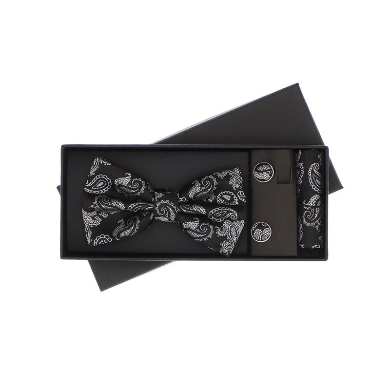 Fashion, accesorii si bijuterii - Barbati - Accesorii barbati - Cravate si papioane barbati - Set 3 piese, papion, butoni si batista, pentru barbati, ButicCochet, Negru - SETP283 - Infinity.ro