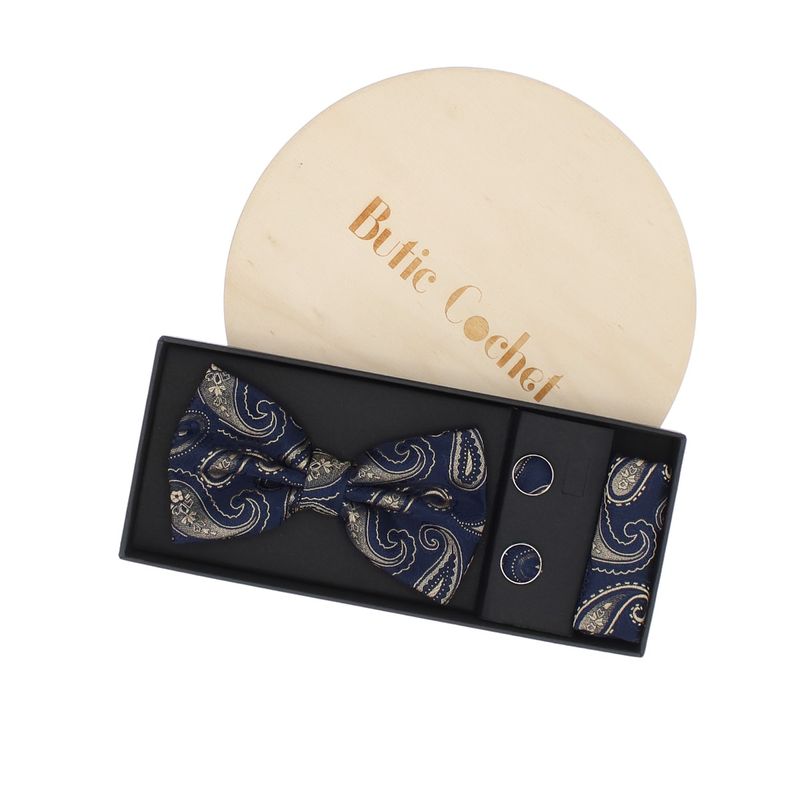 Fashion, accesorii si bijuterii - Barbati - Accesorii barbati - Cravate si papioane barbati - Set 3 piese, papion, butoni si batista, pentru barbati, ButicCochet, Bleumarin - SETP277 - Infinity.ro