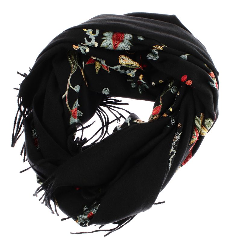 Fashion, accesorii si bijuterii - Femei - Accesorii femei - Esarfe si fulare femei - Esarfa de dama, din lana, Buticcochet, model cu broderie, 70x190 cm, Negru - ES3208 - Infinity.ro