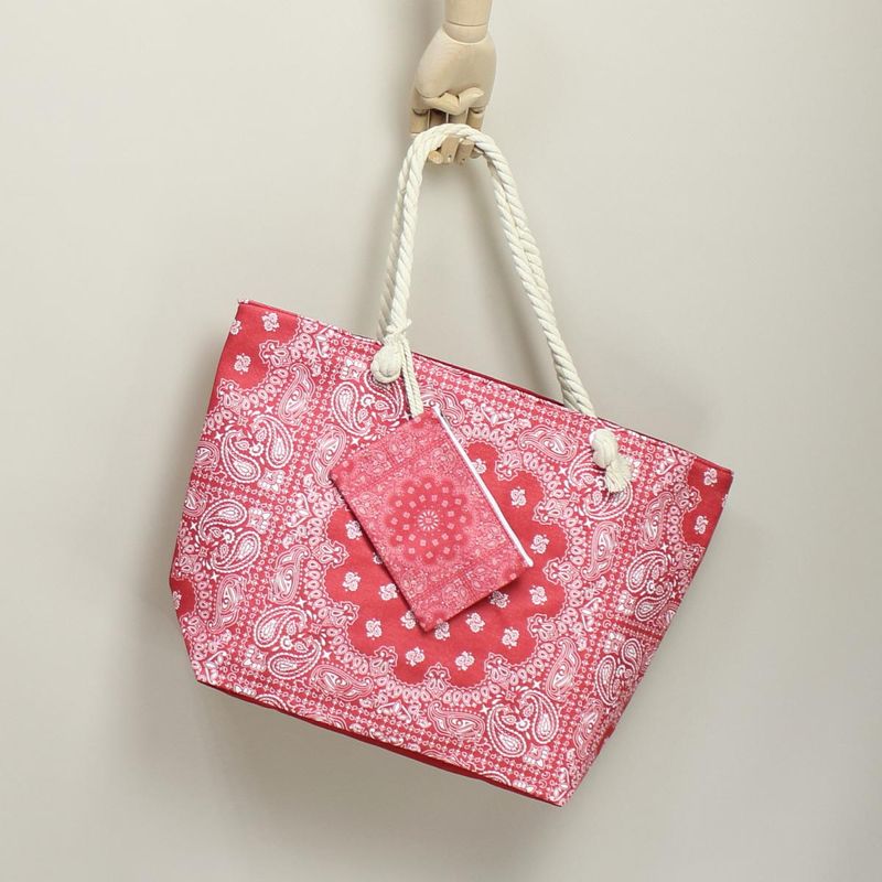 Fashion, accesorii si bijuterii - Femei - Accesorii femei - Genti si rucsacuri femei - Geanta de plaja, din material sintetic, ButicCochet, 55 x 37 cm, model mandala, Rosu - GND567 - Infinity.ro