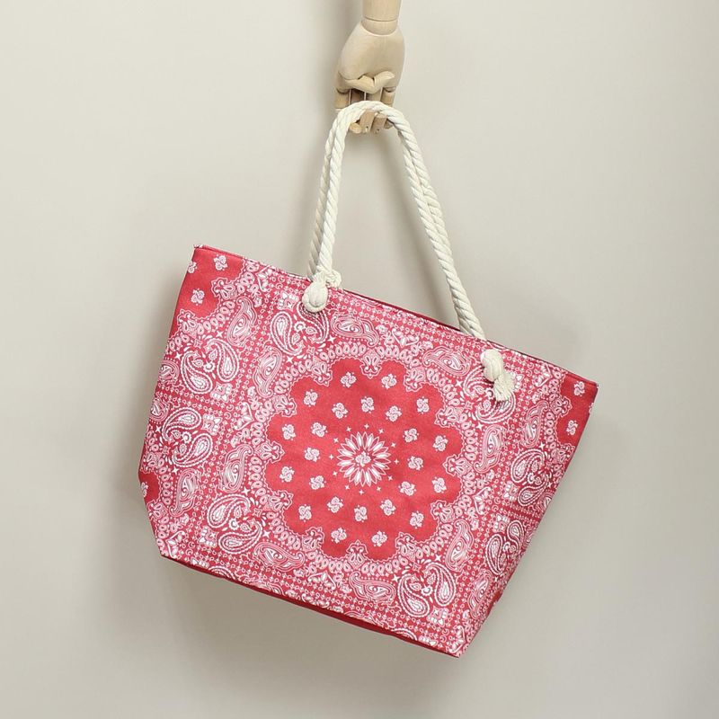 Fashion, accesorii si bijuterii - Femei - Accesorii femei - Genti si rucsacuri femei - Geanta de plaja, din material sintetic, ButicCochet, 55 x 37 cm, model mandala, Rosu - GND567 - Infinity.ro