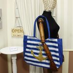 Fashion, accesorii si bijuterii - Femei - Accesorii femei - Genti si rucsacuri femei - Geanta de plaja, din material sintetic, ButicCochet, 36x42x11 cm, imprimeu cu dungi, Albastru - GND195 - Infinity.ro