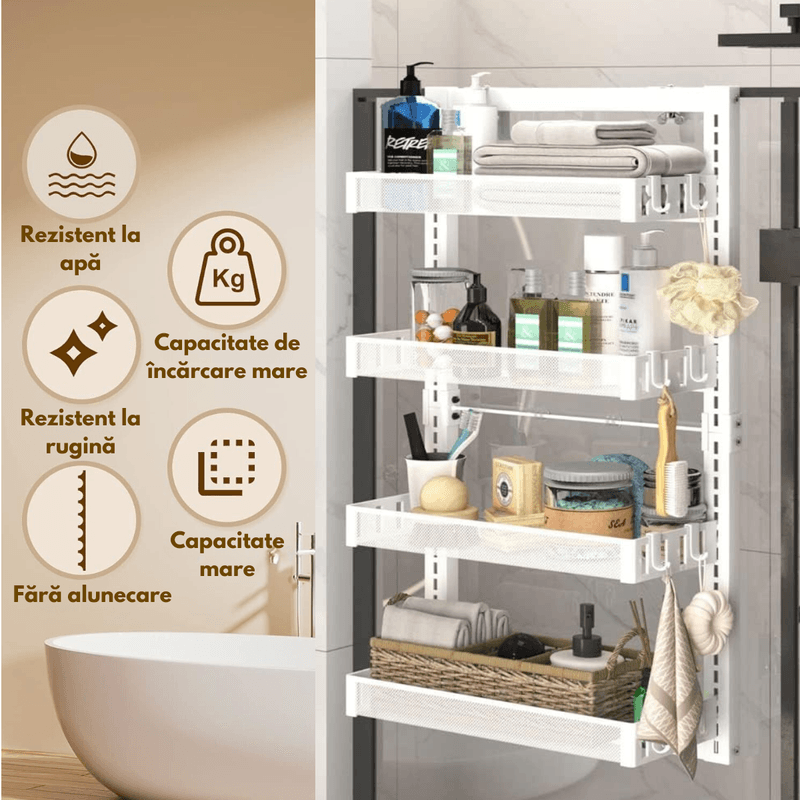 Casa si Gradina - Mobilier - Mobilier baie - Etajere baie - Raft universal cu 4 Polite, din otel inoxidabil, Etajera Multifunctionala Qova® pentru Baie sau Bucatarie, Suport - Infinity.ro