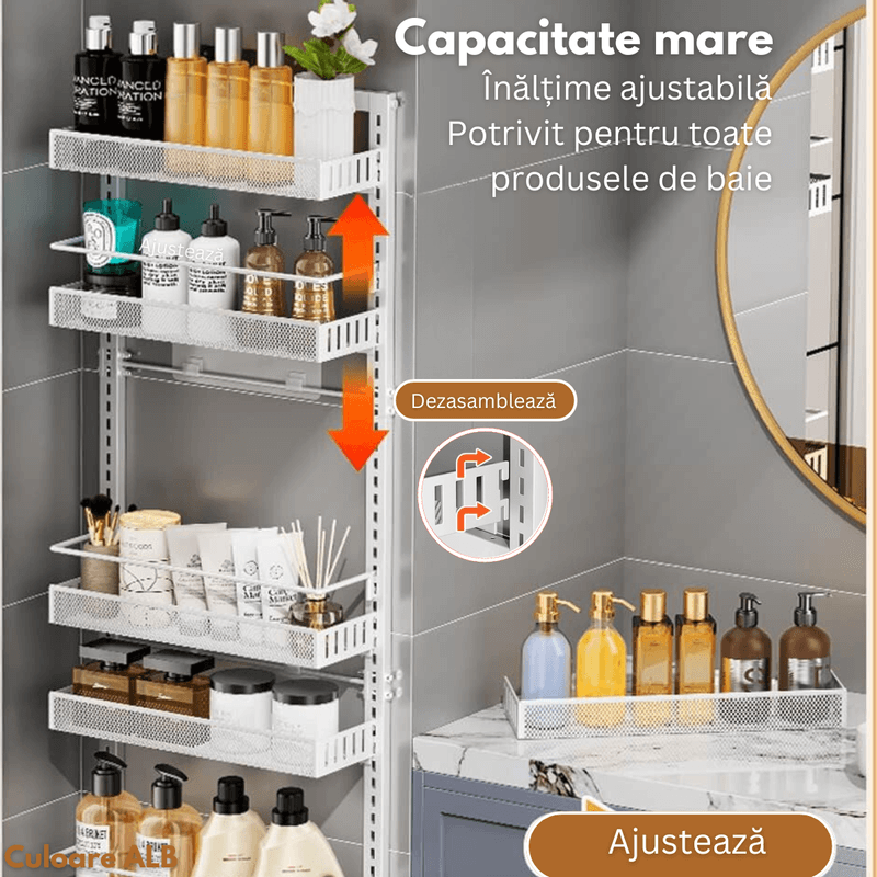 Casa si Gradina - Mobilier - Mobilier baie - Etajere baie - Raft universal cu 4 Polite, din otel inoxidabil, Etajera Multifunctionala Qova® pentru Baie sau Bucatarie, Suport - Infinity.ro
