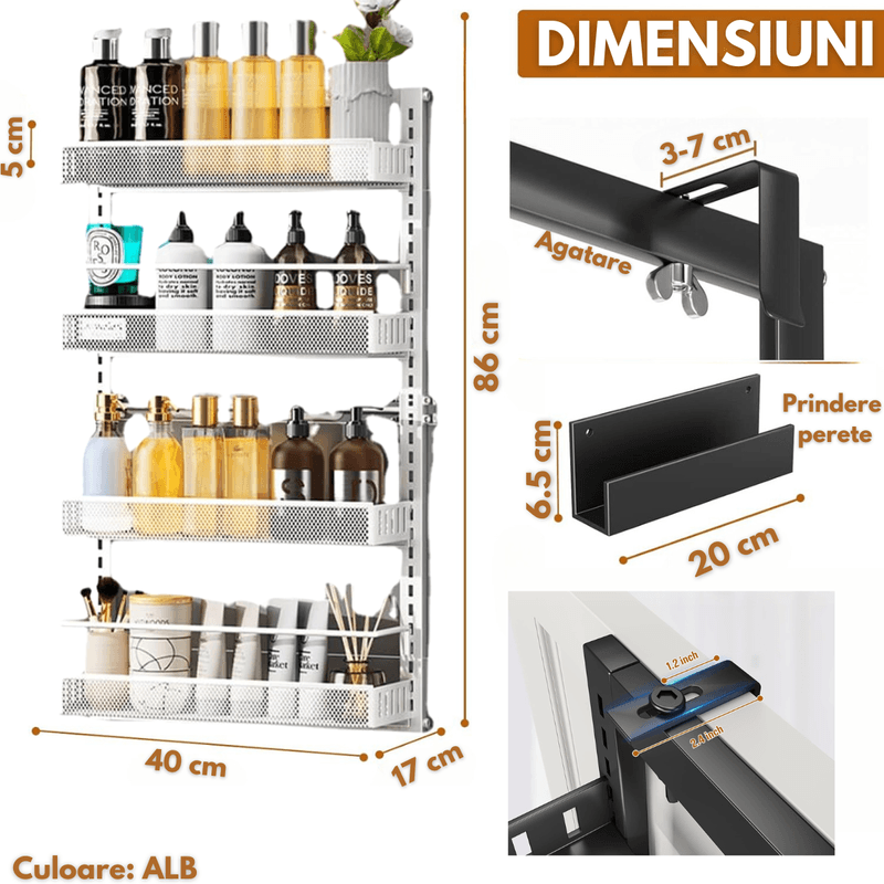 Casa si Gradina - Mobilier - Mobilier baie - Etajere baie - Raft universal cu 4 Polite, din otel inoxidabil, Etajera Multifunctionala Qova® pentru Baie sau Bucatarie, Suport - Infinity.ro
