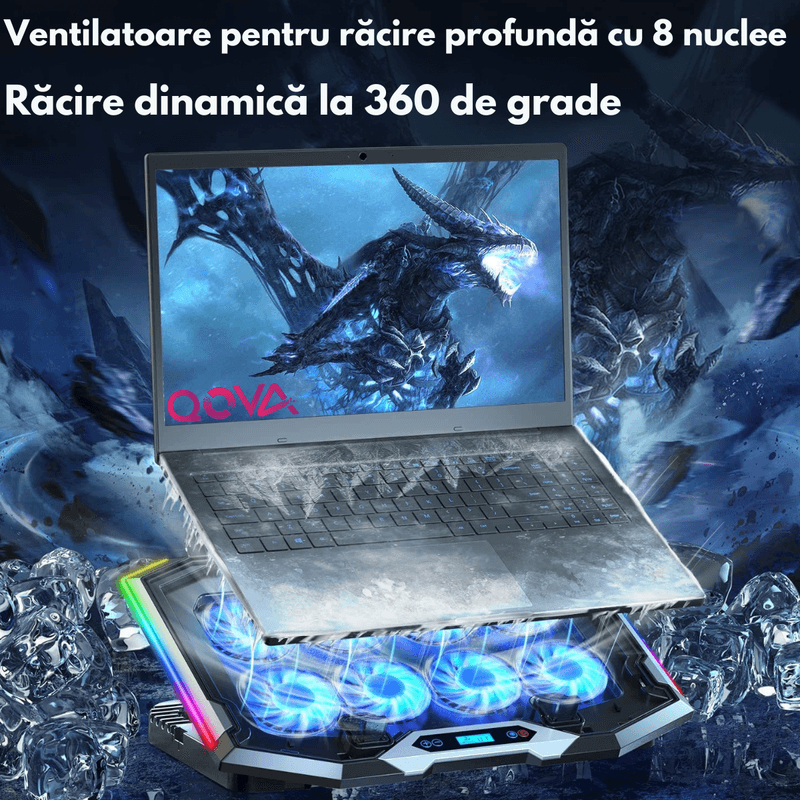 Laptop, Telefoane si Tablete - Laptopuri si accesorii - Accesorii Laptop - Standuri/Coolere notebook - Cooler laptop, Qova®, Suport de Racire RGB cu 8 Ventilatoare, 6 Trepte Reglabile, Afisaj LCD si Suport Telefon, 2x USB - Infinity.ro