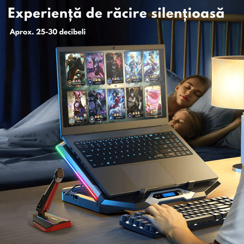 Laptop, Telefoane si Tablete - Laptopuri si accesorii - Accesorii Laptop - Standuri/Coolere notebook - Cooler laptop, Qova®, Suport de Racire RGB cu 8 Ventilatoare, 6 Trepte Reglabile, Afisaj LCD si Suport Telefon, 2x USB - Infinity.ro