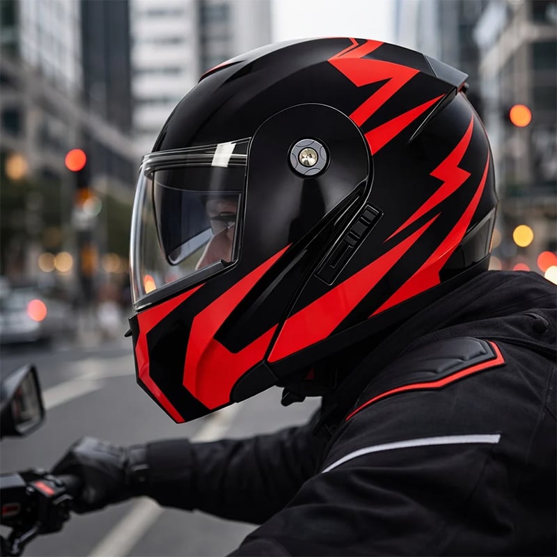 Auto si Moto - Moto - Echipamente protectie moto - Casti moto - Casca Moto/Scuter Flip-Up FIXATO, Viziera Dubla, Protectie UV, Negru cu Rosu, L 59-60cm - Infinity.ro