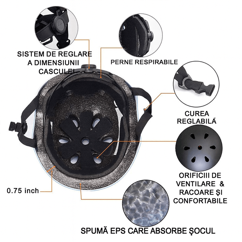 Sport si Outdoor - Echipament Sportiv - Accesorii echipament sportiv - Casti de protectie - Casca de Protectie Copii pentru Trotineta si Bicicleta, Ventilatie buna, Marime Reglabila, Ultra Usoara, Alb, S 48-56cm - Infinity.ro