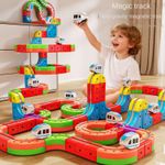 Jucarii, Copii si Bebe - Jucarii si jocuri - Vehicule si jucarii cu telecomanda - Trenulete de jucarie - Set Tren Magnetic 3D cu 150 Piese, Traseu cu Pante, Bucla, Poduri si Cuburi Colorate, Jucarie Educativa, 3-8 ani - Infinity.ro