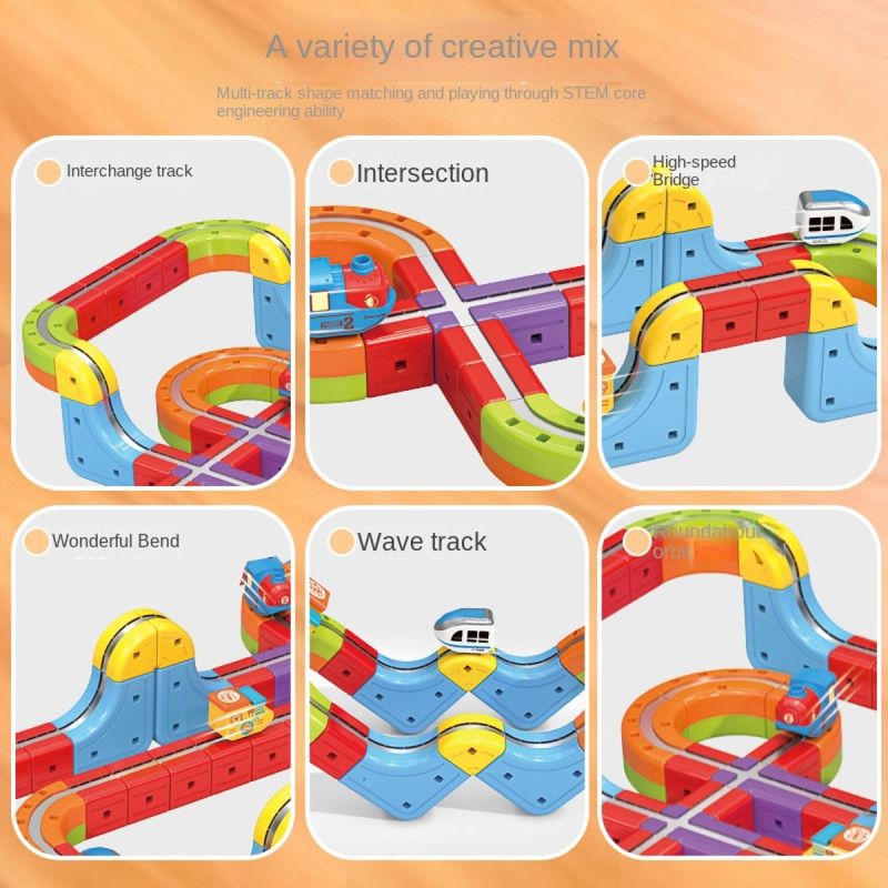Jucarii, Copii si Bebe - Jucarii si jocuri - Vehicule si jucarii cu telecomanda - Trenulete de jucarie - Set Tren Magnetic 3D cu 150 Piese, Traseu cu Pante, Bucla, Poduri si Cuburi Colorate, Jucarie Educativa, 3-8 ani - Infinity.ro