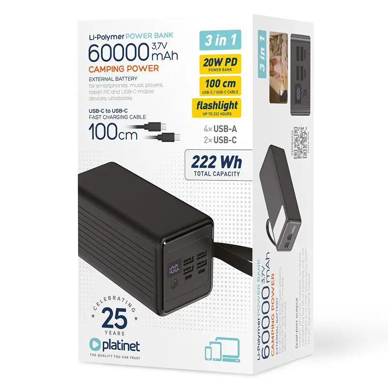 Laptop, Telefoane si Tablete - Telefoane mobile si accesorii - Accesorii Telefoane - Baterii externe - POWER BANK 60000mAh PD 20W 4x USB-A /2x USB-C PLATINET PMPB6020 - Infinity.ro